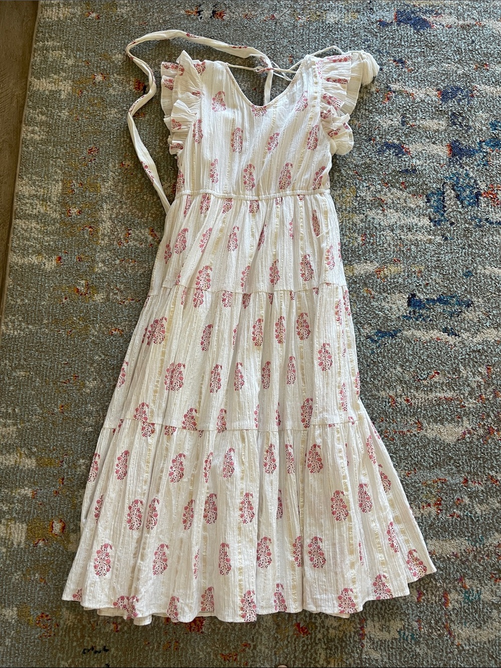 Girls' Cream Tiered Dress with Pink Paisley Print